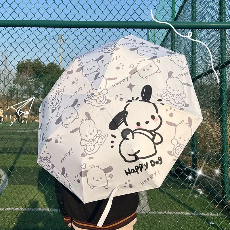

Kawaii Sanrio Pochacco Automatic Umbrella Girl Folding Black Rubber Sunshade Sun Umbrella Sunscreen and Ultraviolet Protection