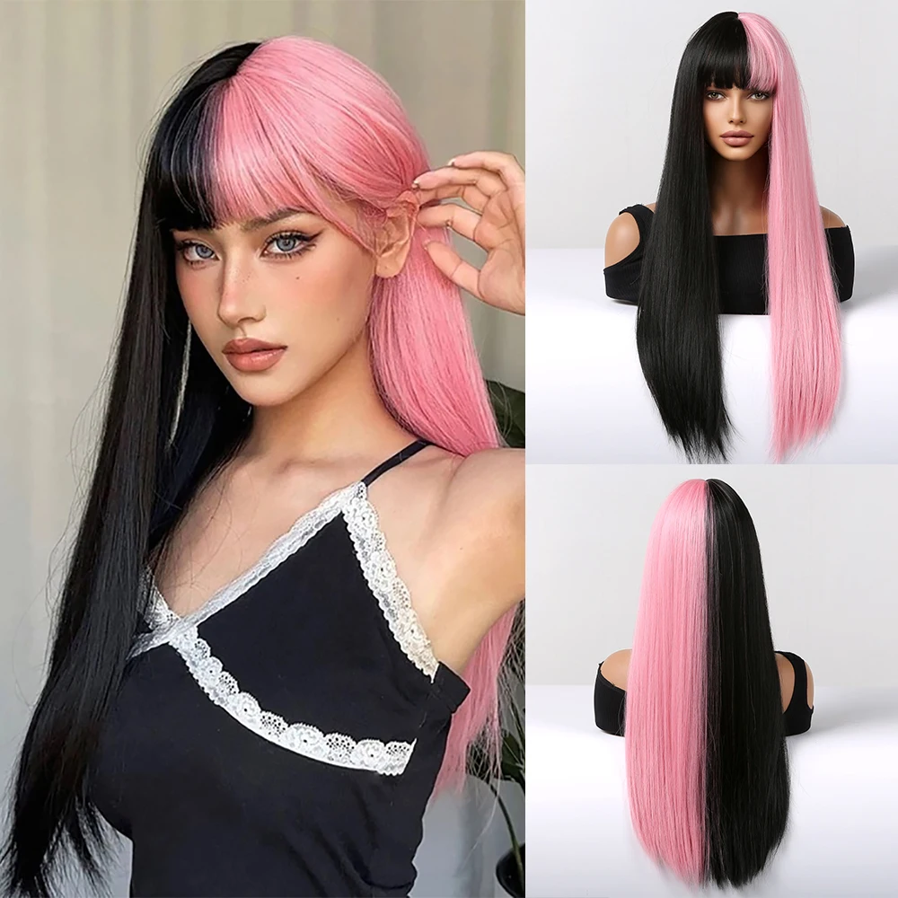 

Long Straight Wig with Bangs Synthetic Hair For Women Pink and Black Wig Heat Resistant Cosplay Hair Two Tone Ombre Color Wigs