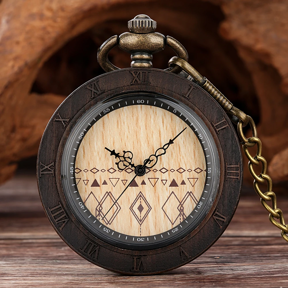 Wood Quartz Pocket Watch Male Luxury Fashion Ebony Rhombic Dial Pocket Watch Pendant Gift for Men Women Reloj De Bolsillo