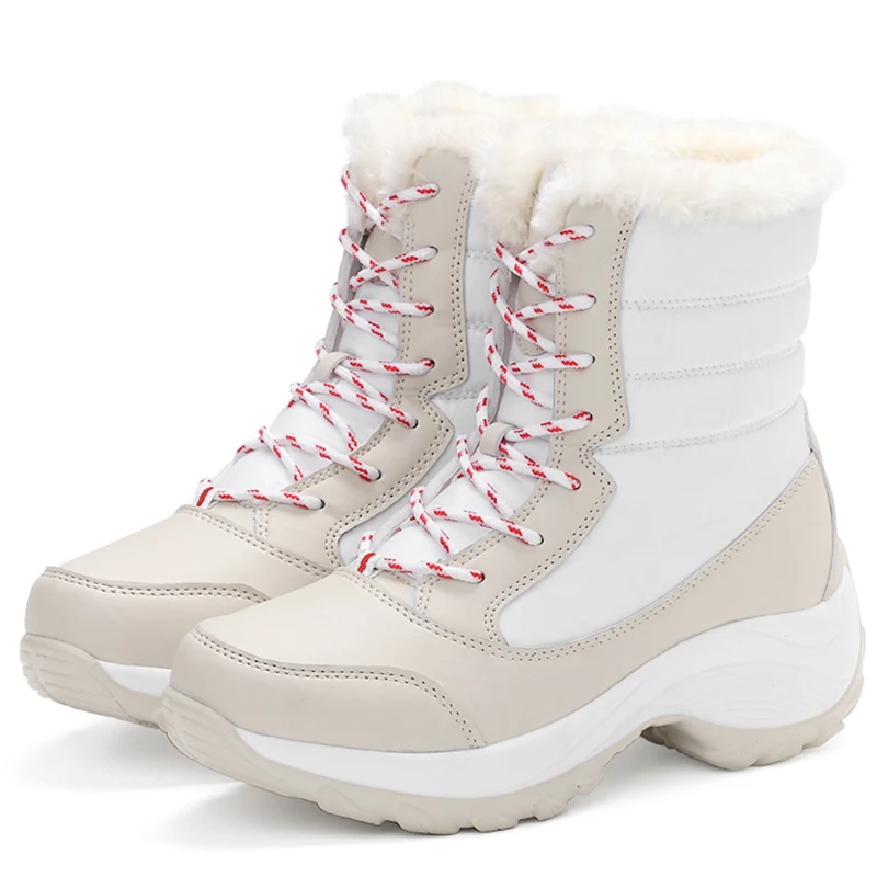 Ladies Snow Boots Plush Warm Ankle Boots Winter Cotton Boots Waterproof Platform Wedge Lace Up Padded Ankle Platform Shoes