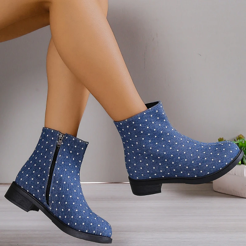 

2023 High Quality Shoes for Women Zipper Women's Boots Autumn Round Toe Solid Denim Naked Boots Chunky Heels Fashion Boots