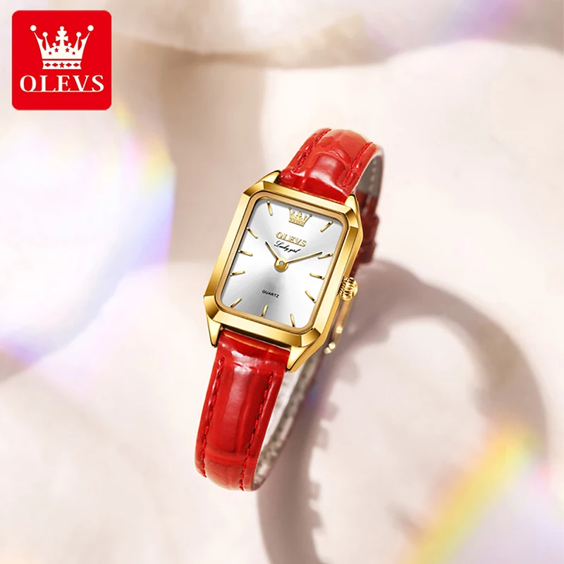 OLEVS Trend Fashion Quartz Women Watch 2023 New Luxury Gold Plated Case Square Dial Design Womens Watch Waterproof Leather Strap