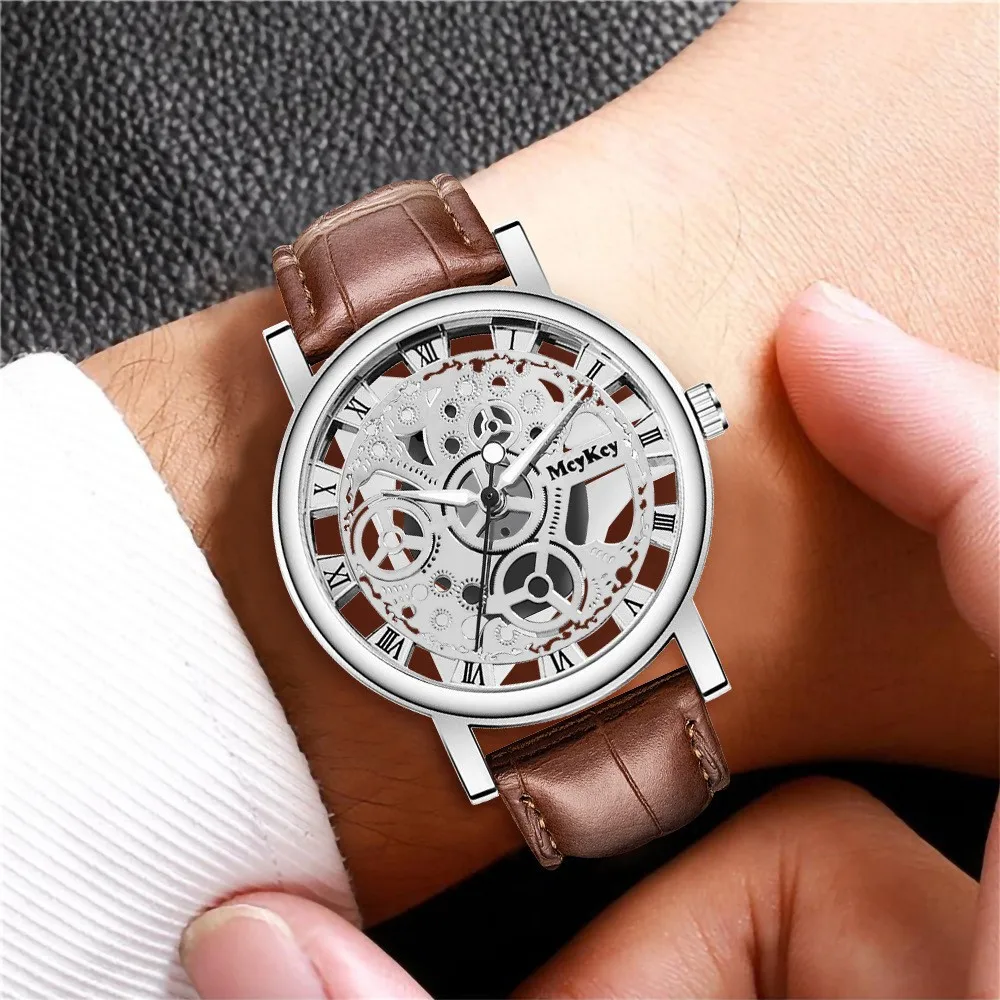 Men's Transparent Hollow Out Imitation Mechanical Quartz Watch, A High-end Fashion Must-have For Men