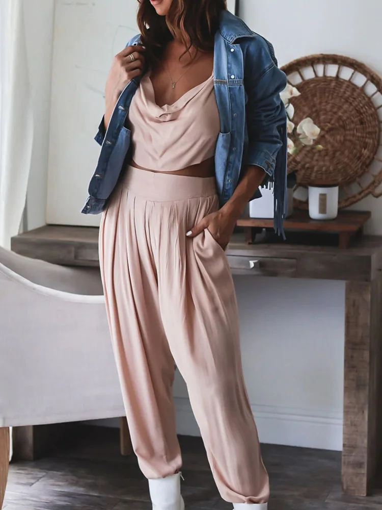 

New Female Elegant Summer Outfits Fashion Solid Two Piece Sets Women Casual Loose Sleeveless Sling Blouse And Long Pants Suits