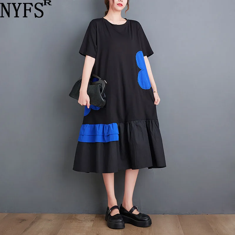 

2023 Summer New Korea Woman Dress Vestidos Robe Elbise Cotton Loose Plus Size Short Sleeve Patchwork Long Dresses