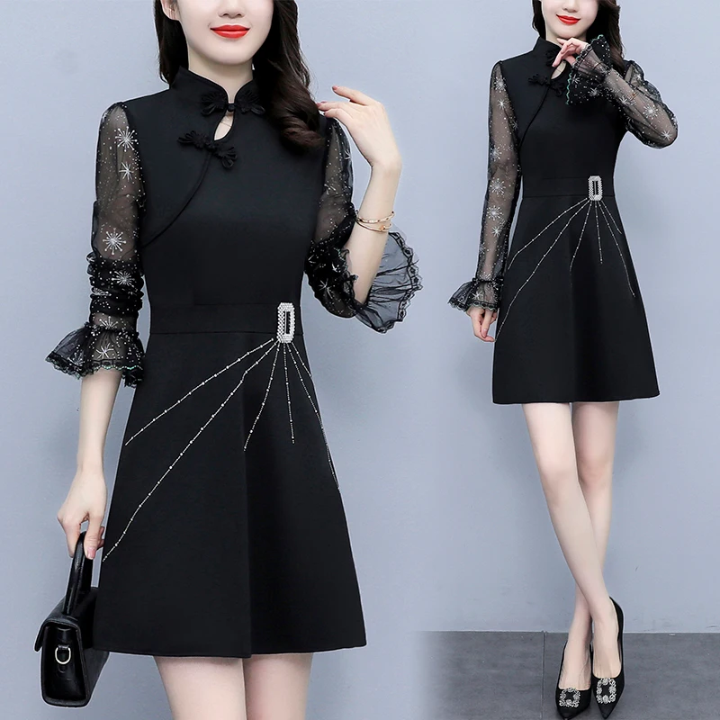 

Stand Collar Disc Buckle Vintage Dress for Women Long Sleeve Mesh Patchwork Slim High Waist Spring Elegant Mini Dresses Female