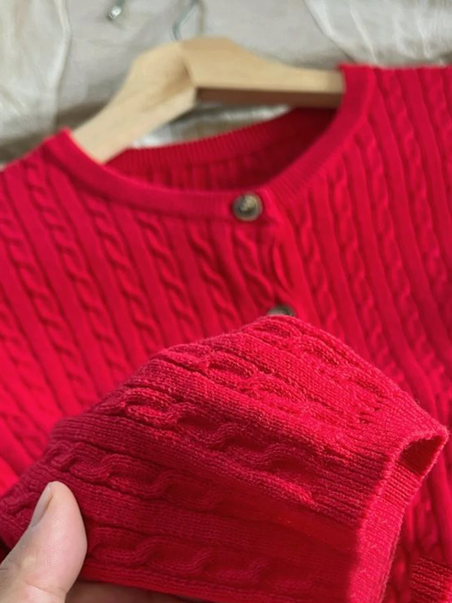 Новый красный вязаный свитер с цветочным принтом кардиган круглым вырезом