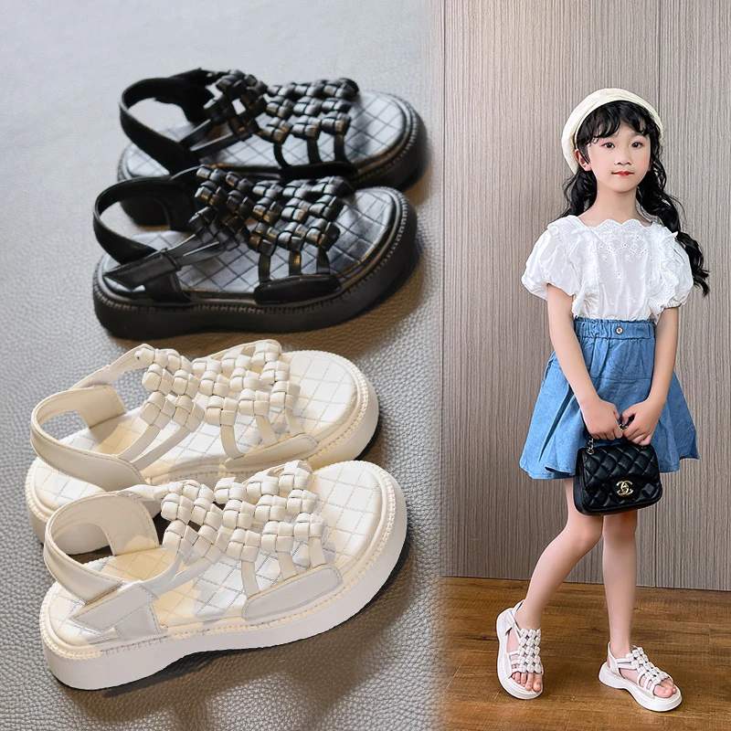 

2022 Summer Sandals Girls Fashion PU Leather Beige White Black Roma Hollow Out Beach Children Sliders 23-36 Soft Kids Shoes