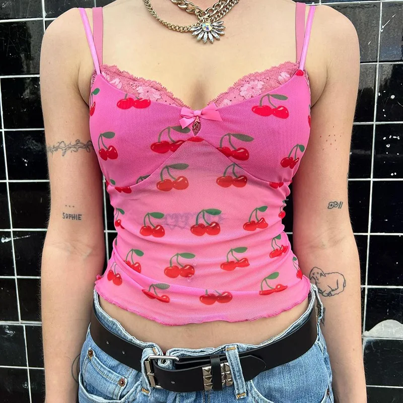 

Y2K Pink Cherry Cami Summer 2022 Printing Vintage Short Vest Women with Bra Inside Tops Femlae Ins Hot Sexy Fashion Camis