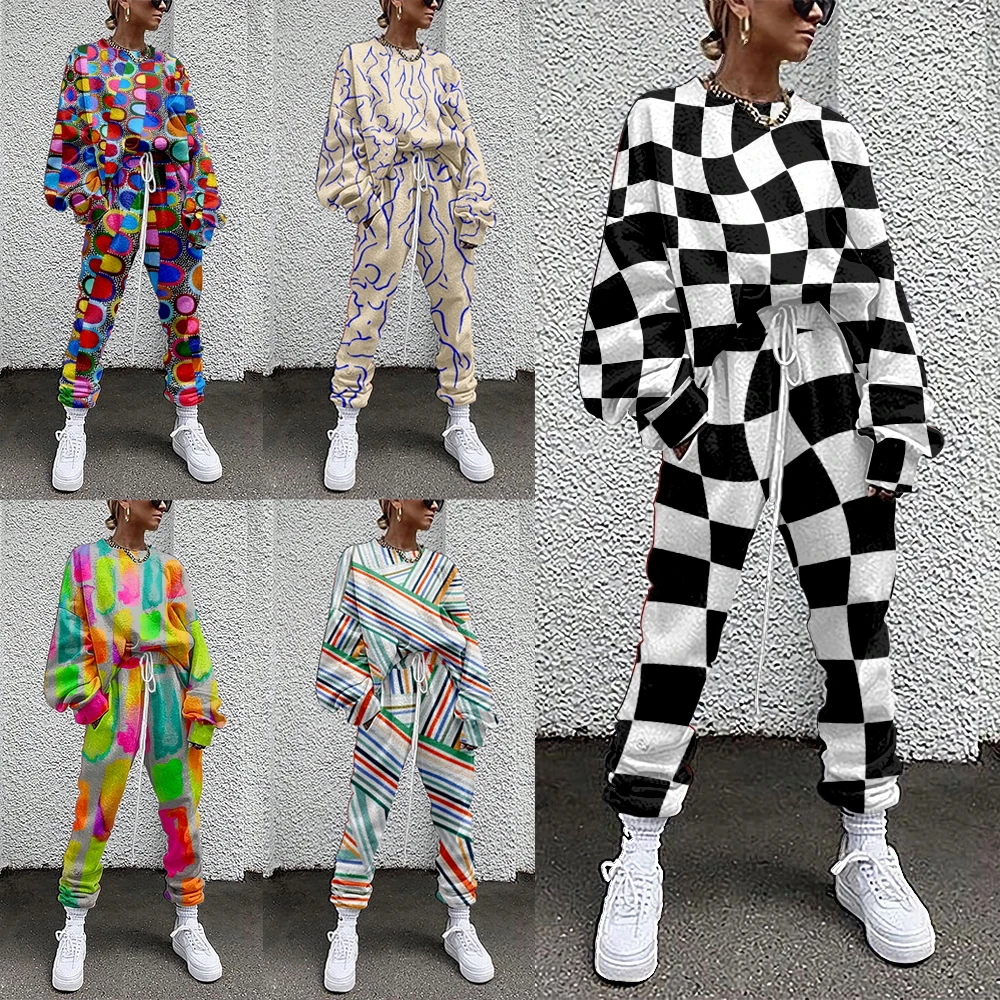 2022 Women Clothing 2 Piece Set Suit Outfits Grid Printed Casual Sport Suit Streetwear Set Women Tracksuit sweatpants sudaderas