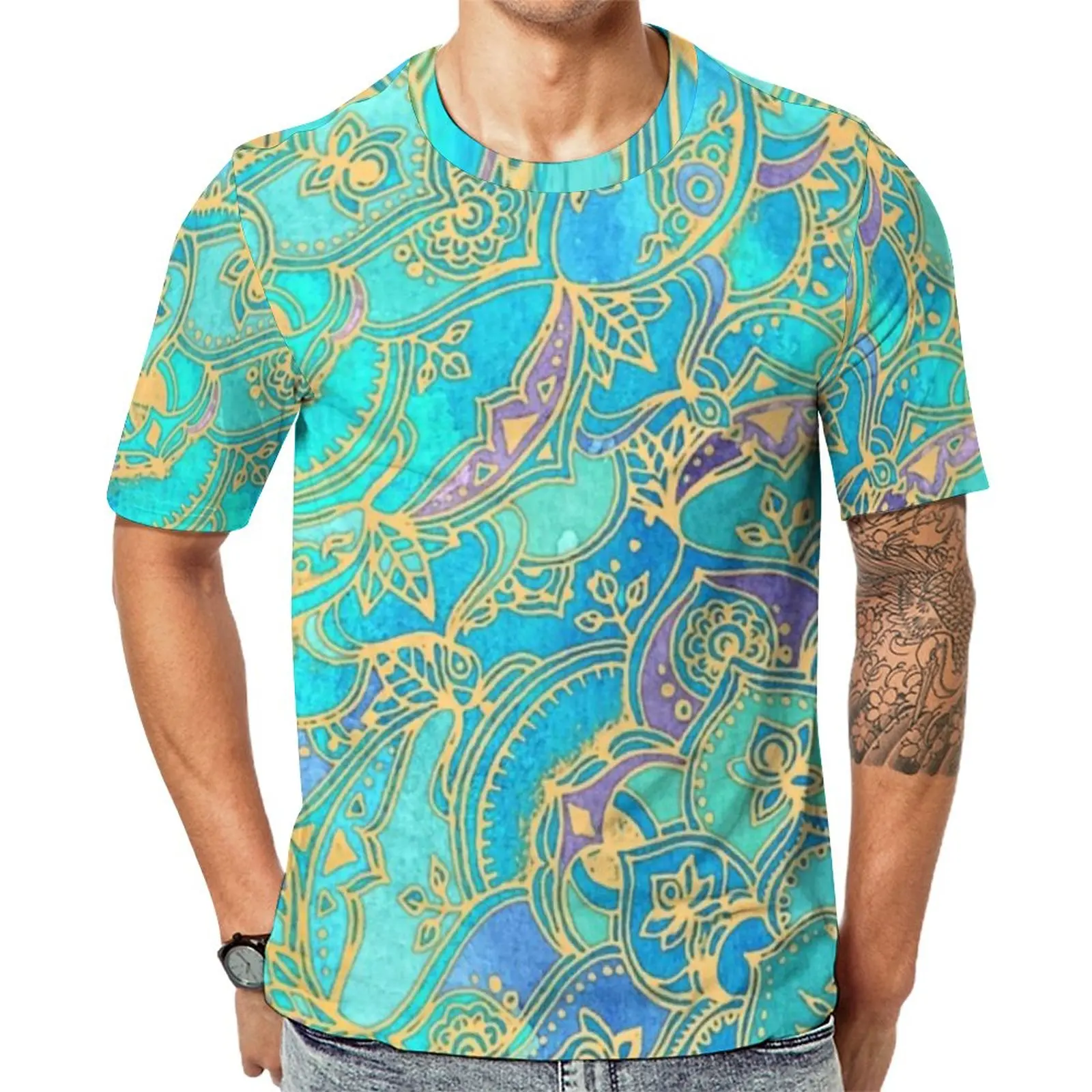 

Glod Metallic Print T-Shirt Men Sapphire Jade Stained Mandalas Basic T Shirts Summer Retro Tee Shirt Short Sleeve Graphic Tops