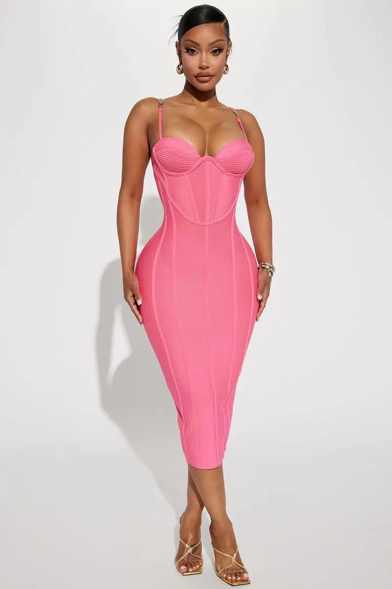 

New Pink Color Women Sleeveless Sexy Strap Bodycon Bandage Mid-calf Dress Celebrate Nightclub Party Birthday Dress