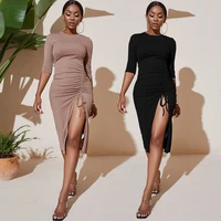 sexy black girls prom dresses with slit sheath round neck midi short evening dress 2022 with half sleeve formal cocktail party