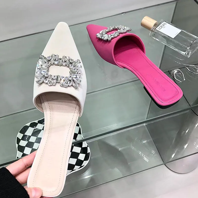 

Mules Ladies Slippers Rhinestones Sandals Women 2022 New Shoes Slides Pointed Toe Fashion Outside Rubber Flats Female Shoes