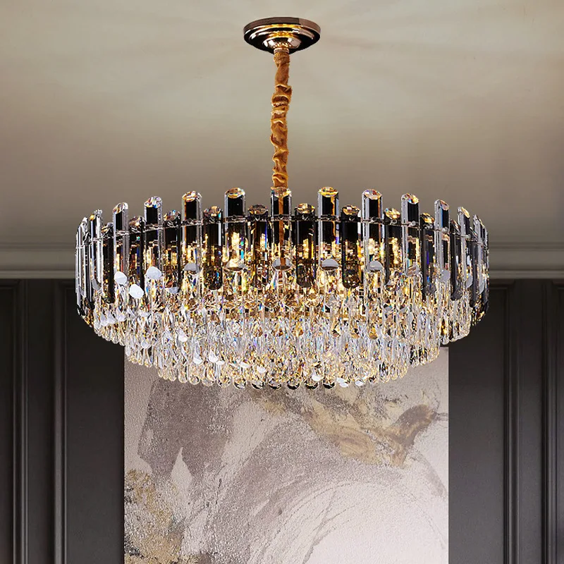 

Modern Luxury K9 Crystals E14 Led Pendant Lights Living Room Gold Round Hanging Lamp Lustre Metal Led Suspend Lamp Fixtures
