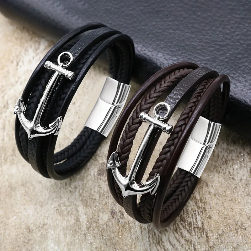 

Мужские многослойные кожаные браслеты в стиле панк