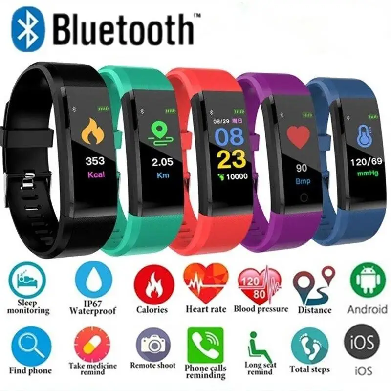 115 PLUS Smart Bluetooth Watch Fitness Tracker Sport Heart Rate Monitor Blood Waterproof Women Children Bracelet for Android IOS