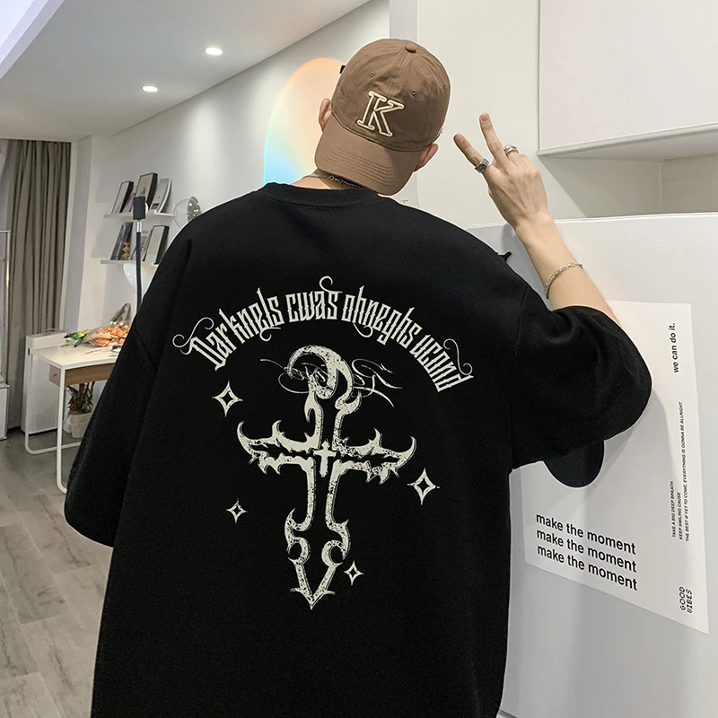 

Cross Print Short Sleeve T Shirts Mens Summer Fashion Trends Oversized Streetwear Teenage Plus Size O Neck Pullovers Cotton Tees