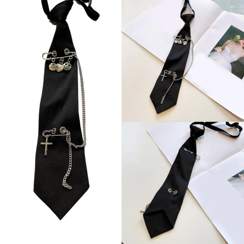 

Womens Pre-Tied Black Ties Metal Chain Tassel Pin Gothic Punk Uniforms Necktie
