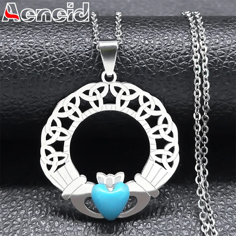 

Irish Claddagh Heart Shape Blue Stone Necklace Women Men Celtic Knot Stainless Steel Necklaces Love Friendship Jewelry N3041S04