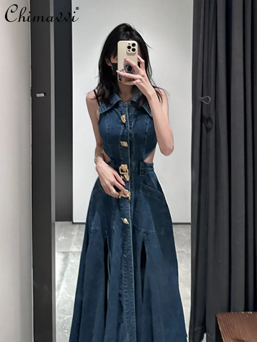 

Женское джинсовое платье без рукавов, элегантное ажурное длинное платье с разрезом в уличном стиле, весна-лето 2023