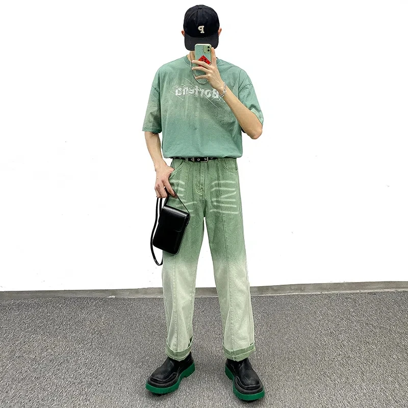 New Men'S Jeans Ins Street Tie-Dye Gradient Green Straight Loose Jeans Men'S And Women'S Casual Trousers Hot Sale Men Clothing