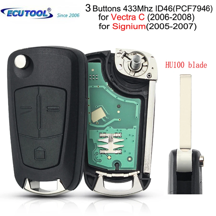 

ECUTOOL For Vauxhall Opel Vectra C Signum Auto Replacement Flip Remote Car Key Fob 2/3 Buttons 433MHz PCF7946 Chip Car HU100Key