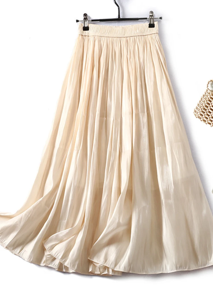 

Summer 2023 New Women's Skirt Korean Fashion Long Skirt Shiny Fairy Skirt Solid Flowing Pleated Skirt Streetwear Student Skirt