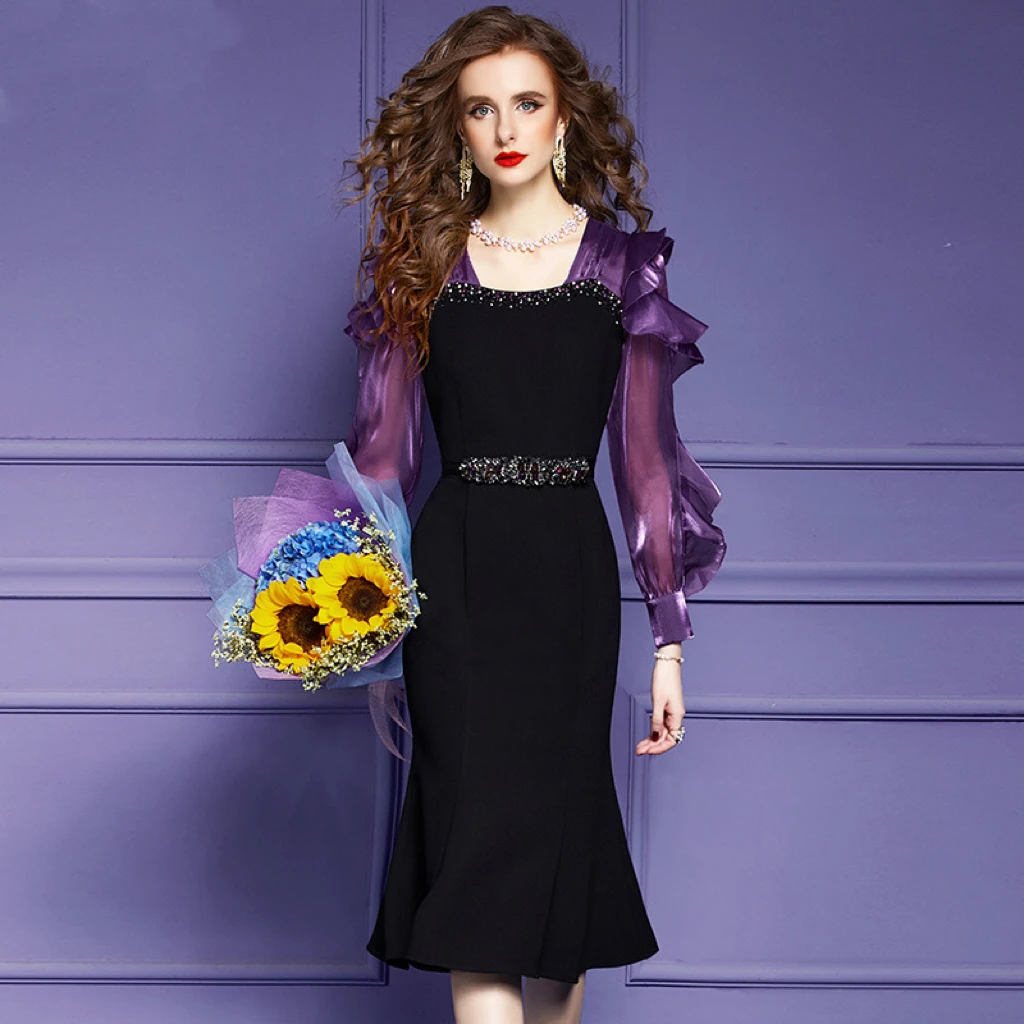 

Purple Square Collar Woman Dresses Spring Ruffle Beading Long Sleeve Elegant Office Work Wear 4XL Formal Party Meeting Clothing
