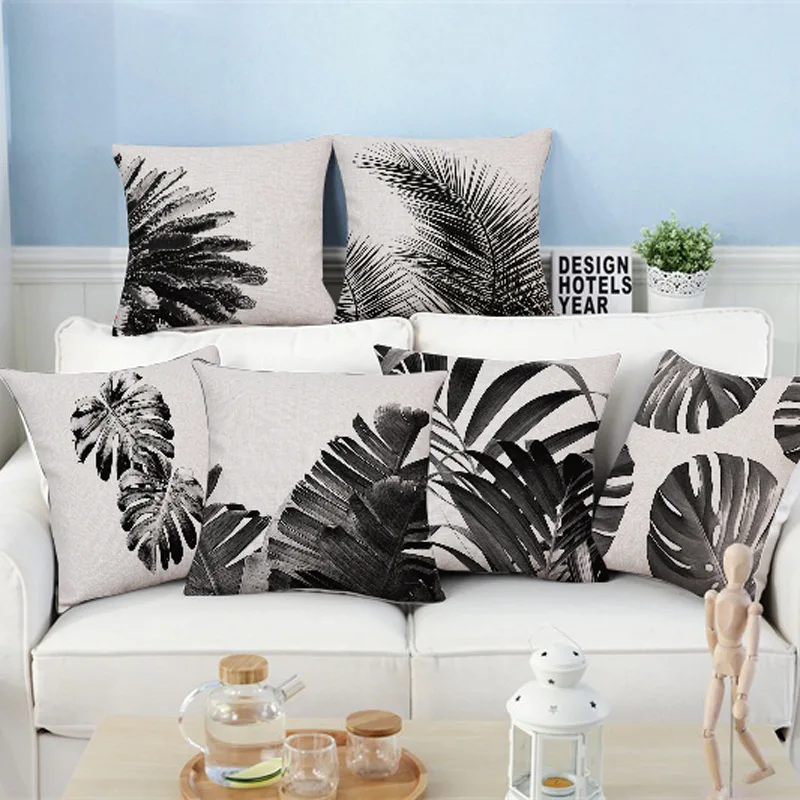 

45X45CM Nordic Decoration Cushion Covers Home Tropical Decoration Pillowcase Black White Plant Leaves Decor for Home Pillowcases