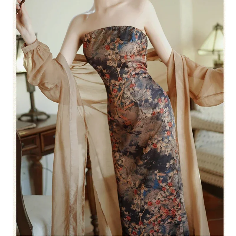 Новое платье без бретелек Harsuku женская японская одежда с цветочным принтом