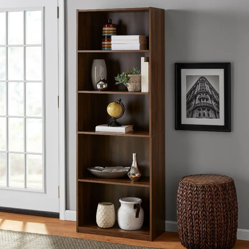 Mainstays 5-Shelf Wooden Bookcase with Adjustable Shelves