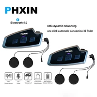 phxin 2pcs mesh t60r motorcycle bluetooth intercom helmet headsets for 32 ridersbt 5 0 wireless with music sharin fm radio