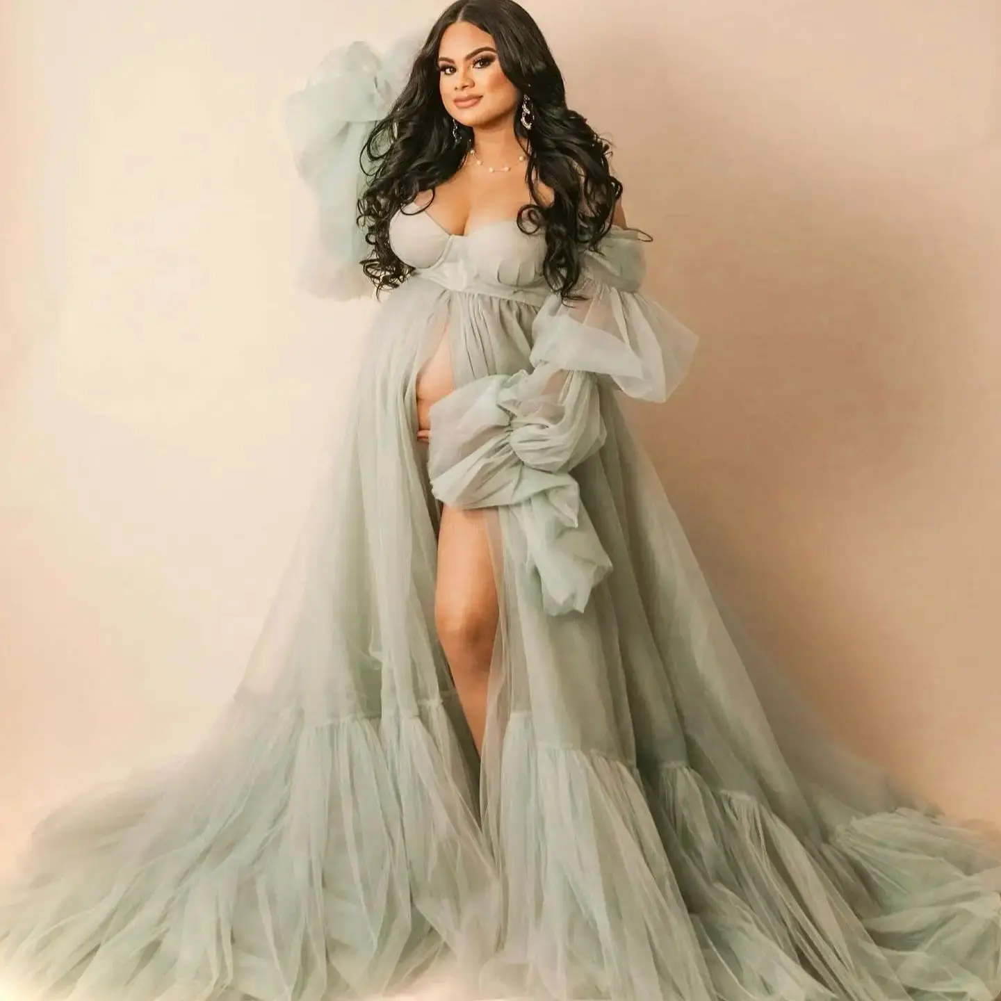 

Fashion Sage Prom Dresses Women Tulle Maxi Gown Front Slit Party Dress Full Sleeves Ladies Baby Shower Vestidos Novia