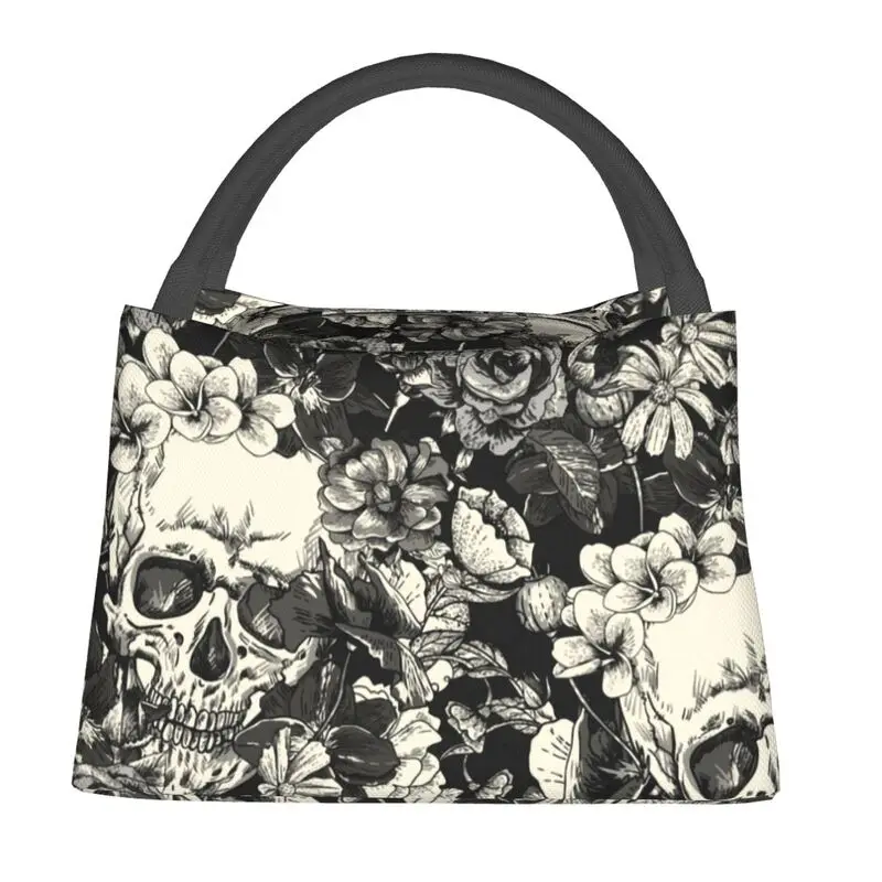 

Skulls And Roses Thermal Insulated Lunch Bags Women Gothic Moth Resuable Lunch Tote for Office Outdoor Storage Meal Food Box
