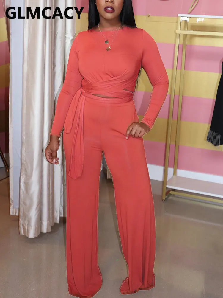 

Women 2 Piece Casual Suits Long Sleeve O Neck Crop Top & Loose Pants Set