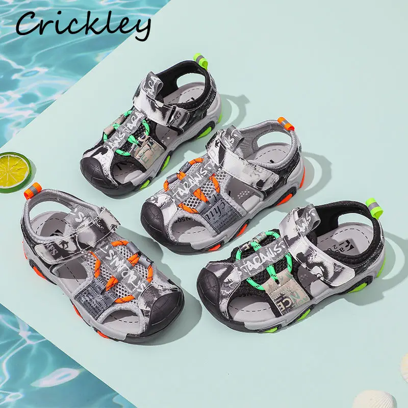 

Summer Mesh Boys Sport Sandals 2022 Graffiti Patchwork Sandals For Children Soft Bottom Anti Slip Comfortable Kids Beach Shoes