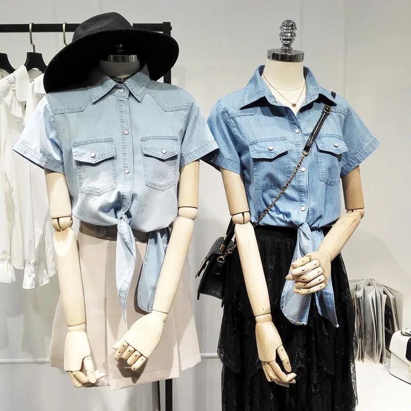 

Denim Shirt Short Sleeve Womens Tops Chemise Femme Crop Tops Sexy Short Shirt Blouse Summer Cool Feminine Shirts Clothing E104