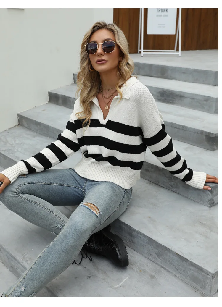 Autumn Winter New StyleLlong Sleeve POLO Collar Cotton Knitted Top Women  Loose Stripe Contrast Pullover Sweater