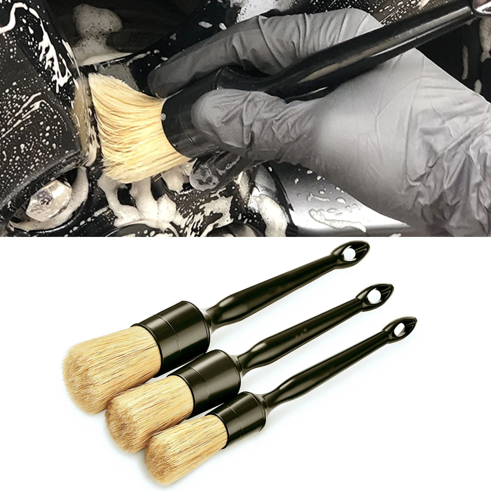 

3PCS Car Exterior Interior Detail Brush Boar Hair Bristle Brushes for Car Cleaning Auto Detail Tools Dashboard Cleaning Brush