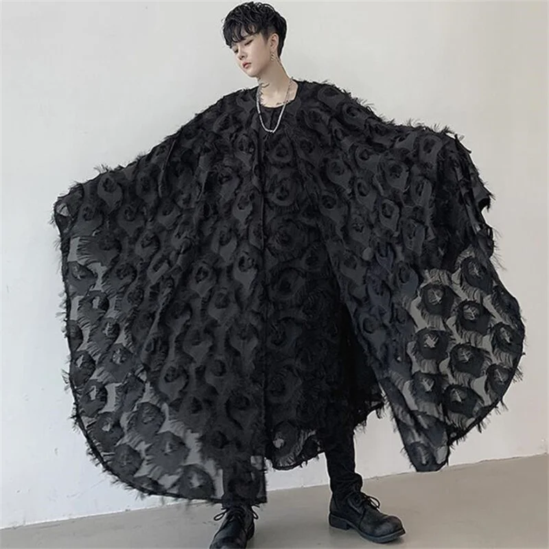 fashion punk shirt men Peacock feather jacquard hair fringed mesh shirt black teenage korean shirt mens personality stage B426