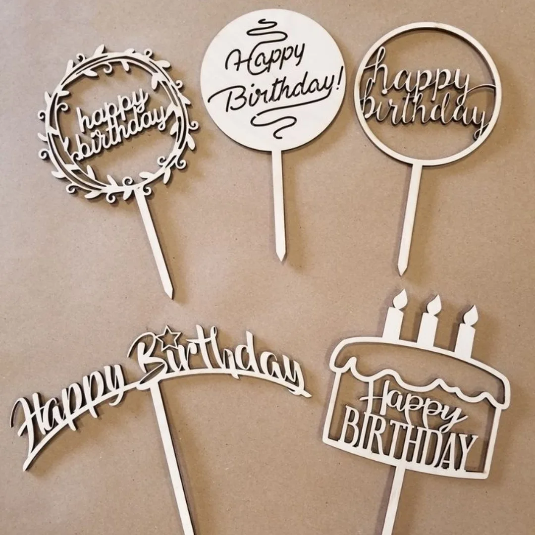 

INS Wood Happy Birthday Cake Toppers Creative Candle Birthday Cupcake Topper for Baby Birthday Party Cake Decoration Baby Shower