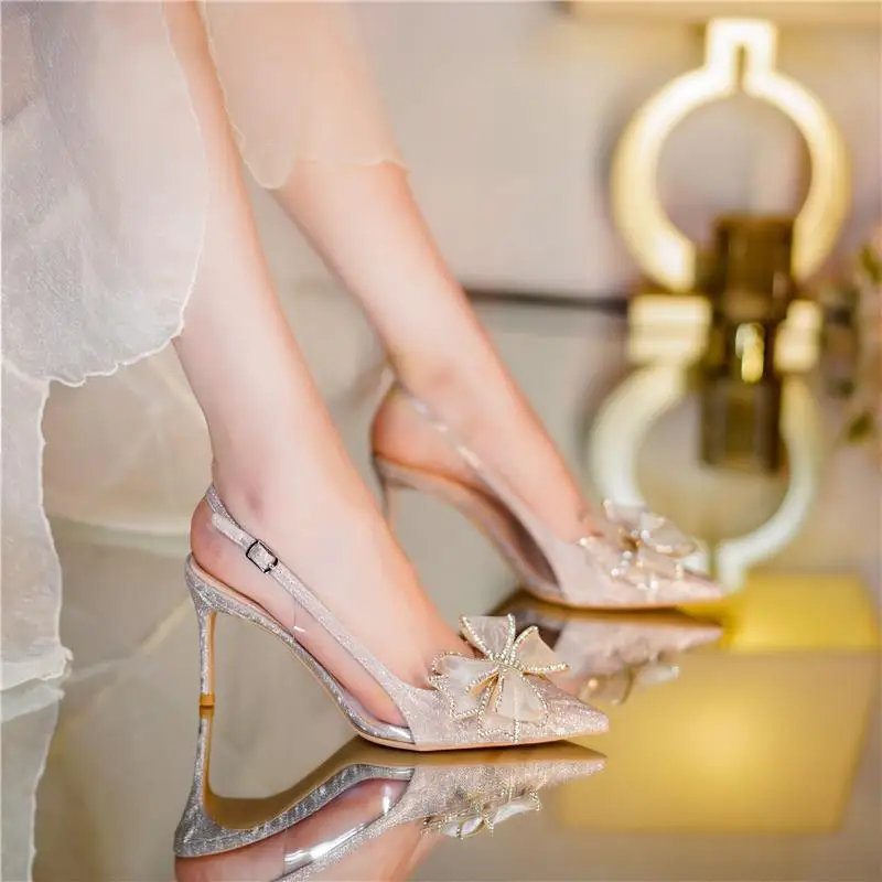 Footwear Closed Sandals for Women Thin Heels Ladies Shoes Stiletto Summer 2023 Diamond Bow Silver Rhinestones Pointed Toe Sandal