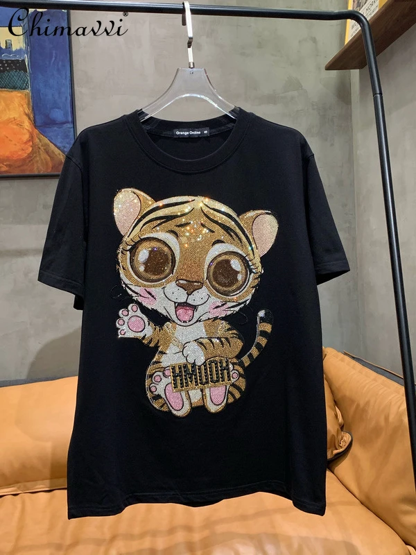 

New Ladies Luxury Rhinestone Rivet Tiger Crew Neck T-shirt Women's 2022 Summer Fashion Streetwear Cartoon Short Sleeve Top Tees