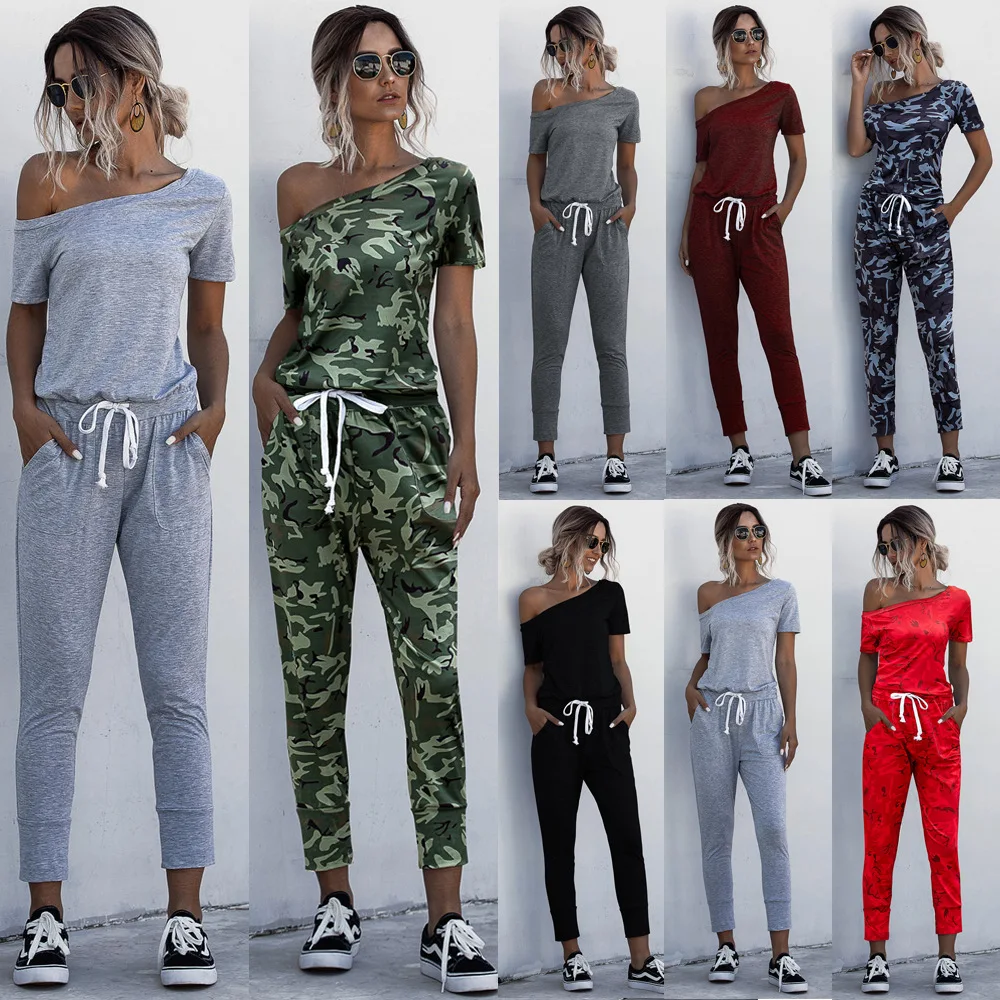 

2022 Fashion Short Sleeve Mid Waist Slim Women Summer Camouflage Jumpsuits Drawstring Pockets Decor Oblique Collar Jumpsuits