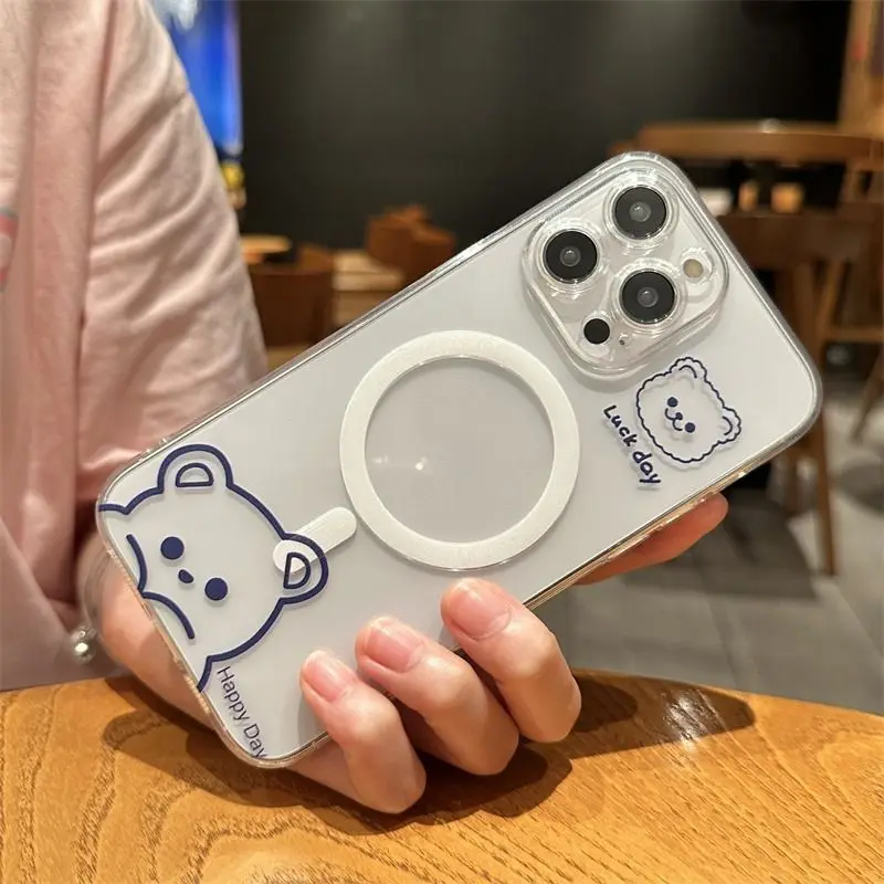 Cute Funny Line Bear Magsafe Magnetic Phone Case for Samsung Galaxy S25 S24 S23 S22 S21 S20 FE Plus Ultra 5G Soft Clear Cover