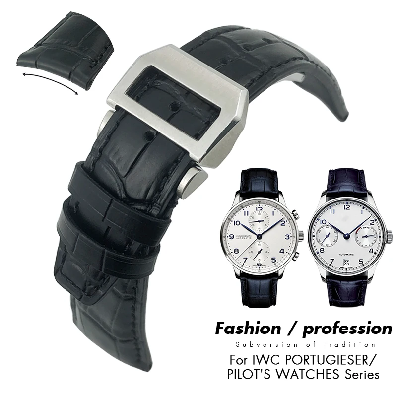 

21mm 22mm Curved End Genuine Cow Leather Watchband Replacement for IWC Portugieser PILOT'S Watches Folding Buckle Watch Strap