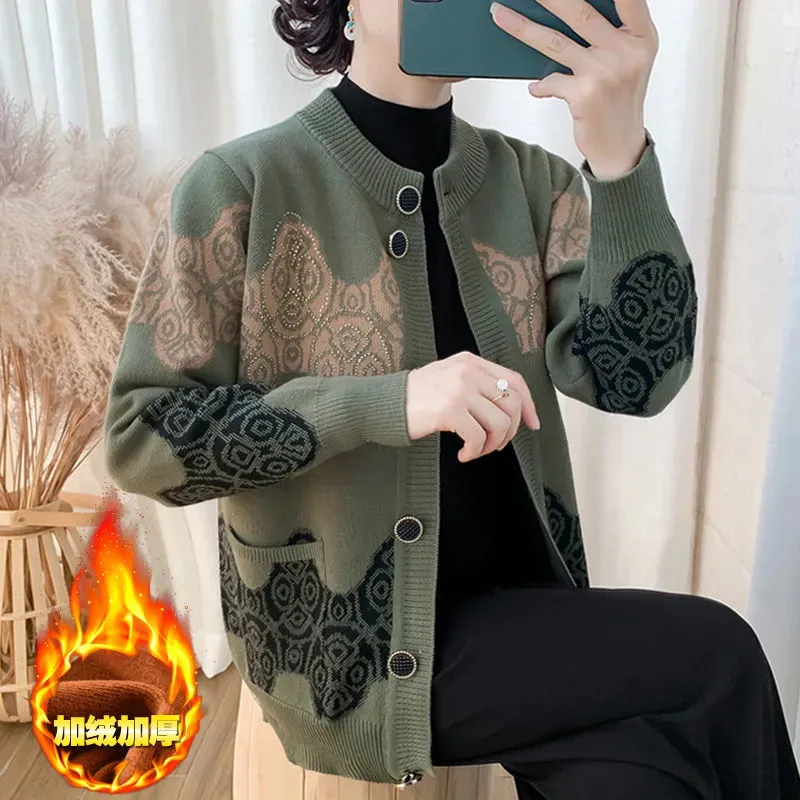 

Осеннее пальто для мамы среднего возраста трикотажная одежда женские Топы свитер с принтом бабушки Кардиган Зимний плотный вязаный свитер для женщин