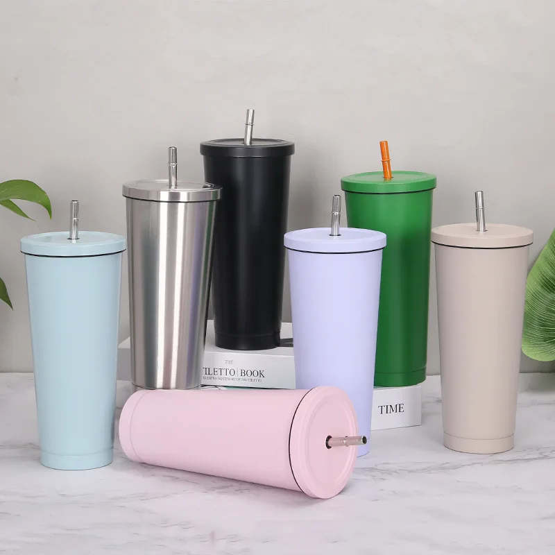 

304 Stainless Steel Straw Cup Anti-scalding Large-capacity Vacuum Coffee Cup Solid Color Simple Portable Car Thermal Mug Gift