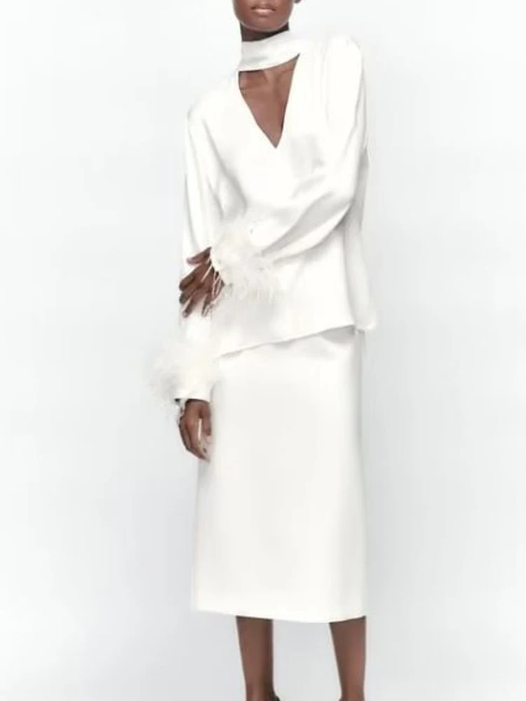 

Женский Атласный Костюм с юбкой Kumsvag, однотонный костюм из двух предметов, блузка с перьями и юбка, одежда для улицы, лето 2022